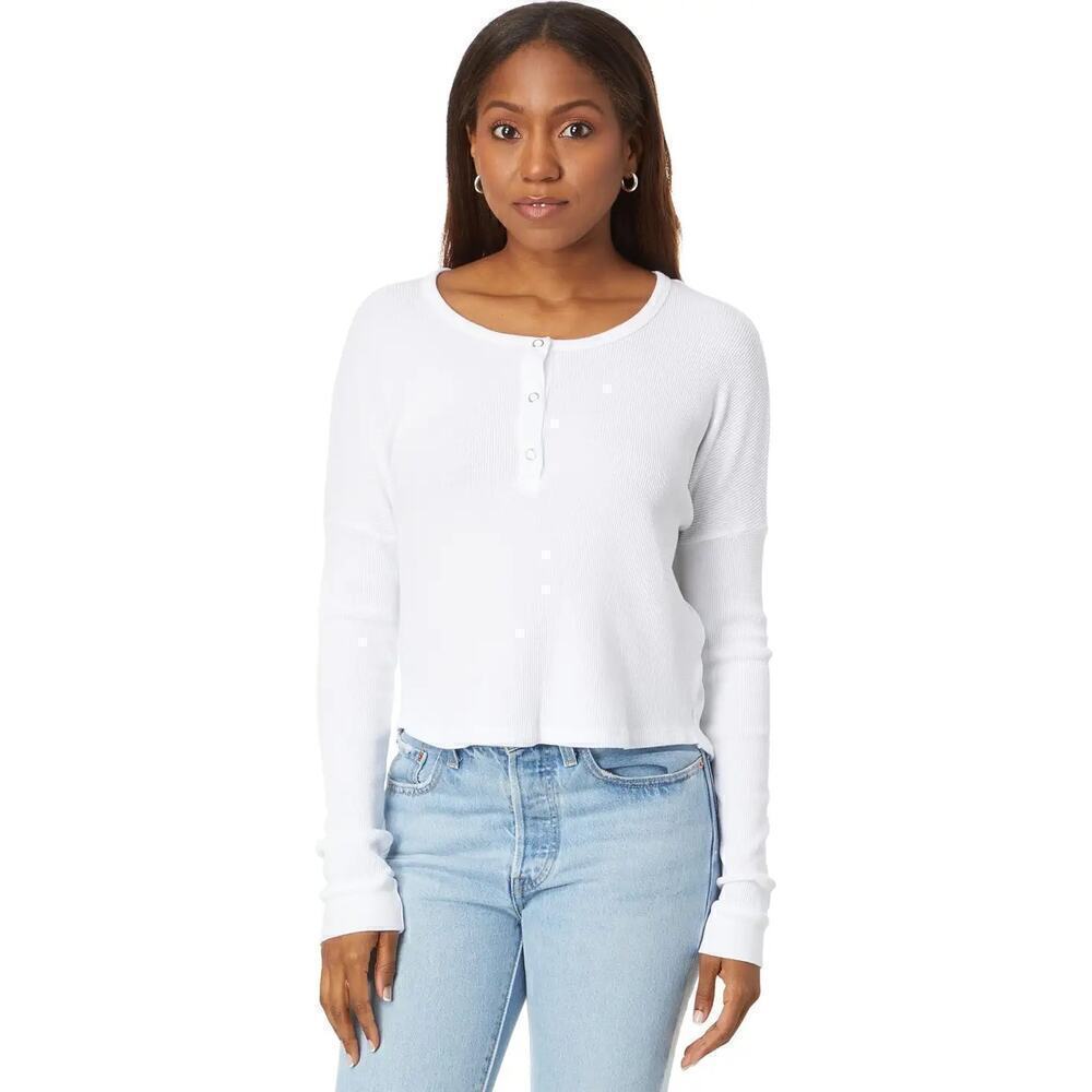 bobi White Drop Shoulder Long Sleeve Waffle Thermal Knit Henley Tee Size S NWT